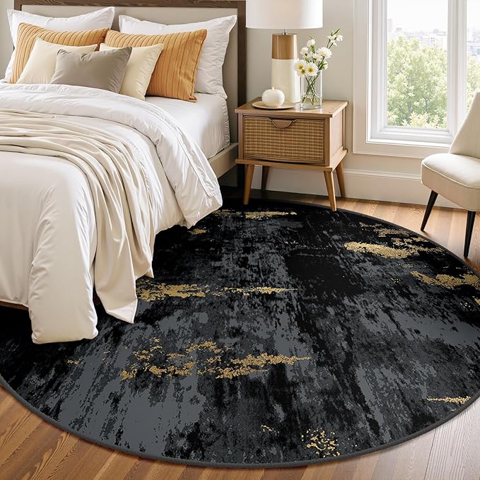 RELEANY Washable Area Rugs 8ft Non-Slip Modern Abstract Soft for Living Room Entryway Bedroom Nursery, Print Pattern, Dark Black Gold