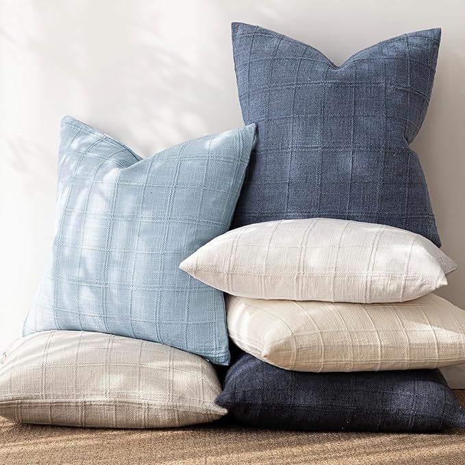 Foindtower Set of 2 Decorative Linen Check Throw Pillow Covers Neutral Farmhouse Vintage Cushion Covers Modern Boho Accent Home Decor for Sofa Chair Couch Bedroom Living Room,24×24 Inch,Sky Blue