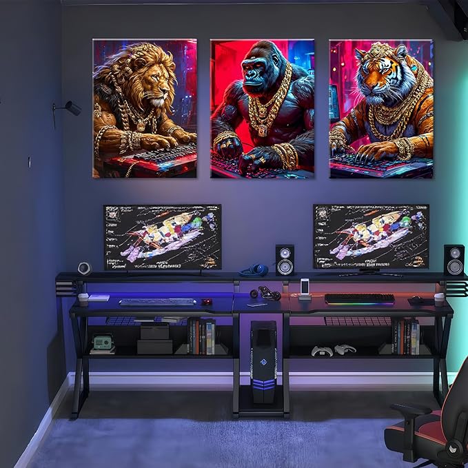 Animal & Tech-Inspired Wall Art Prints-Vibrant Tiger,lions Gorilla & Game Design Poster,Cyberpunk neon Electronic Game Style Painting Canvas Picture,for Boy Teen Men Bedroom Playroom, Framed 12X16inX3