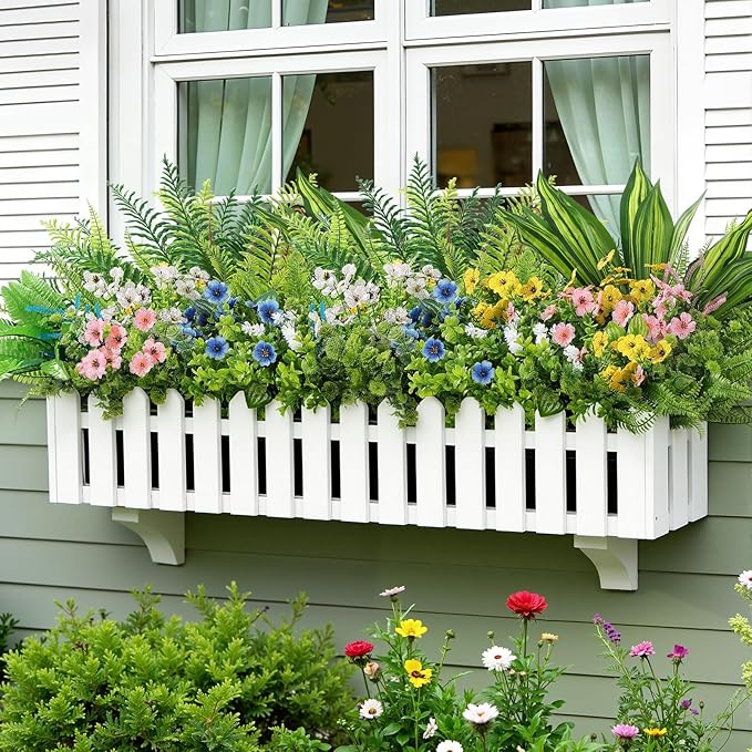 Alupssuc 24Pcs Artificial Flowers and Plants,UV Resistant & No Fade Fake Plastic Greenery Shrubs for Home Garden, Pathway, Front Porch-Spring Summer Decor, Indoor/Outdoor Use,Pink Blue Yellow White