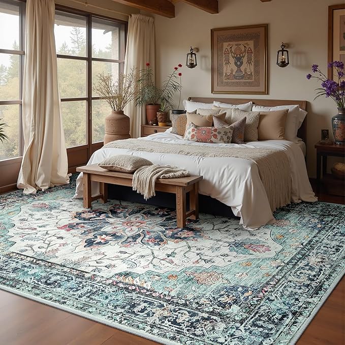 RELEANY Area Rugs 10'x14' Washable Non-Slip, Floral Vintage Distress Print Pattern Medallion Carpet for Living Room Bedroom Dining Room, Green Navy Blue White Red Teal Colorful
