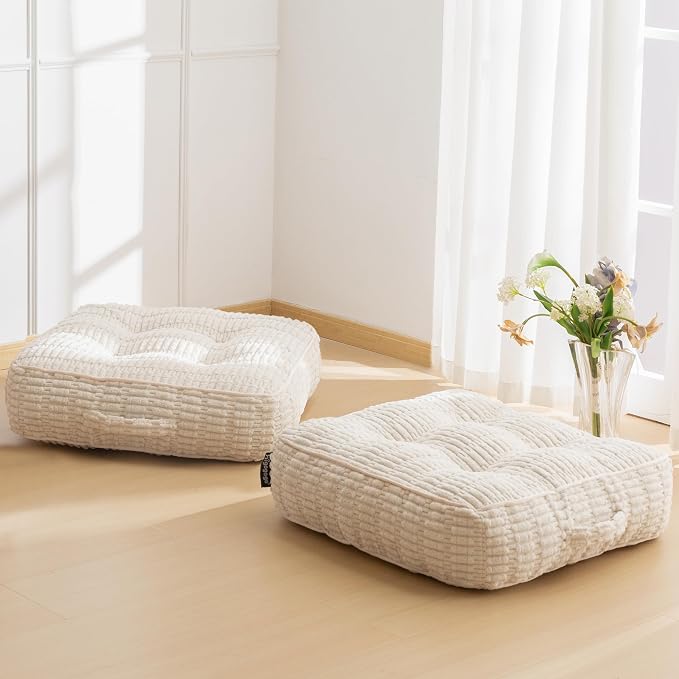 HIGOGOGO 6" Floor Pillow Cushion for Adults, Meditation Cushion Pillow, Blended Corduroy Cover, Large Square Floor Sitting for Tatami Living Room or Yoga, 2Pack, Beige