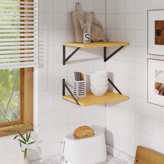 Acovy Deep Floating Shelves,16" Wx10 D Floating Shelves for Wall Set of 2,Heavy Duty Wood Floating Shelf with Metal Bracket,Wall Mounted Hanging Shelf for Living Room Bedroom Bathroom Kitchen,Oak