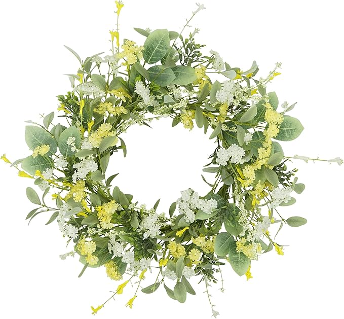 YNYLCHMX 18" Spring Summer Wreaths for Front Door, Artificial Floral Wreath with Yellow White Daisy & Green Eucalyptus Leaves, Green Foliage Wreath for Wall Window Farmhouse Party Holiday Home Decor