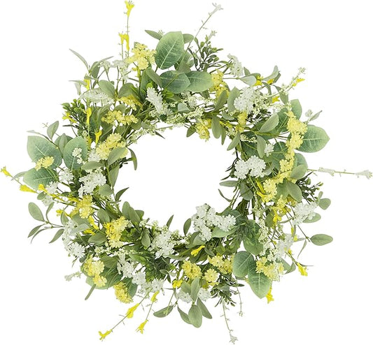 YNYLCHMX 18" Spring Summer Wreaths for Front Door, Artificial Floral Wreath with Yellow White Daisy & Green Eucalyptus Leaves, Green Foliage Wreath for Wall Window Farmhouse Party Holiday Home Decor