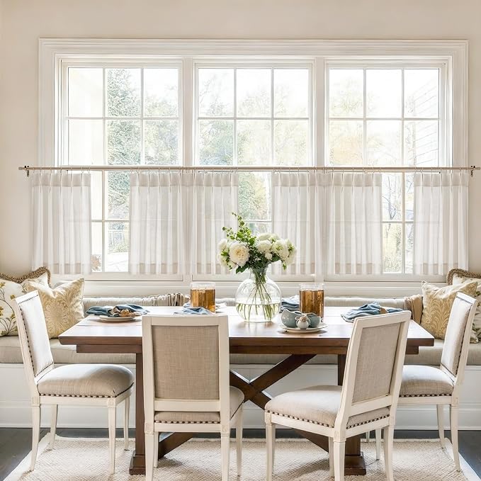 Vision Home Natural Linen Pinch Pleated Tier Curtains 30 inch, Semi Sheer Kitchen Curtains with Back Tab & Hooks, Light Filtering Small Window Panels for Bathroom Laundry, 25" Wx30 Lx2