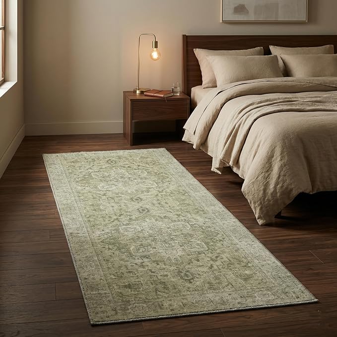 Homemate Washable Rug 2x6 Area Rugs - Vintage Faux Wool Rugs for Living Room Bedroom Dining Room - Non Slip Foldable Carpet Indoor Area Rug for Home Decor（2'x6', Green