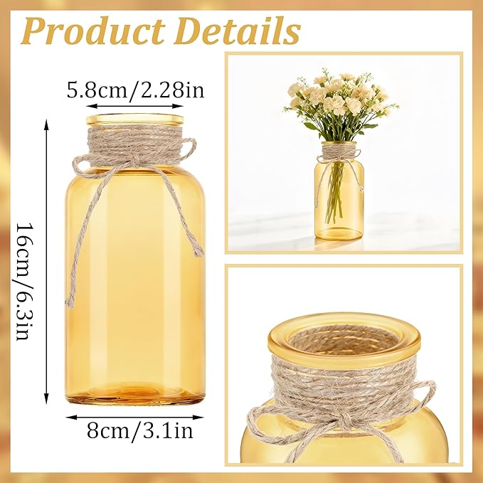 Vintage Glass Flower Vase, Farmhouse Glass Centerpiece Vases Mason Jars for Weddings, Parties & Home Decor Bulk (3, Gold)