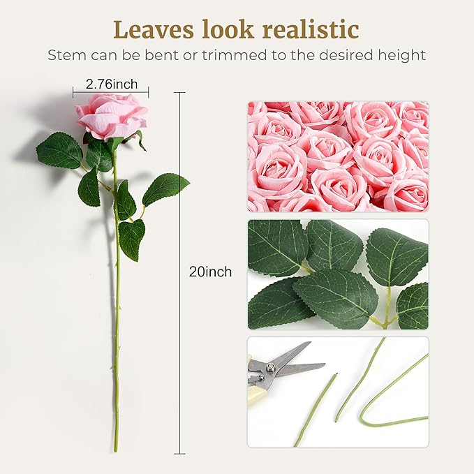Auihiay 60PCS Pink Roses, Artificial Roses, Velvet Silk Fake Roses, Realistic Pink Artificial Flowers for Mother's Day, Wedding Centerpieces, Bridal Bouquets, Home Decor, Anniversary Decorations