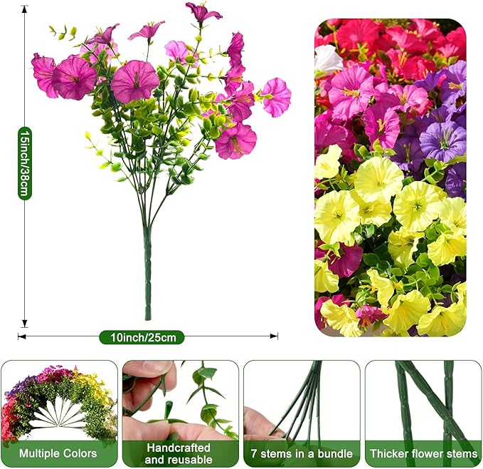 Fanfantoey Artificial Flowers for Outdoor, UV Resistant Fake Plants Outside Decoration, 14 Pcs Realistic Silk Morning Glory Faux Flowers for Porch Patio Gardens Home Decor(Fuchsia)