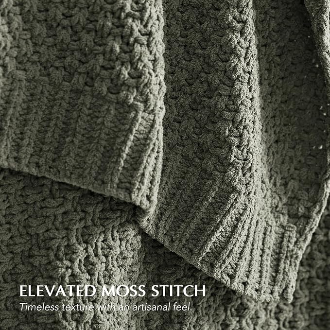 EVERGRACEHOME Chunky Polyester Knit Throw Blanket for Couch, Soft Luxurious Oversized King Moss Stitch Blanket for Bed, Large Cozy Farmhouse Knitted Throw for Sofa, Dried Thyme, 108" x 92"