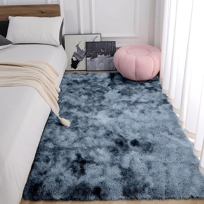 AROGAN Soft Rainbow Area Rugs for Girls Room, Fluffy Girls Bedroom Rugs, Princess Rug, Cute Colorful Carpet for Kids Teens Nursery Toddler (Blue-Grey, 4×6 Feet)