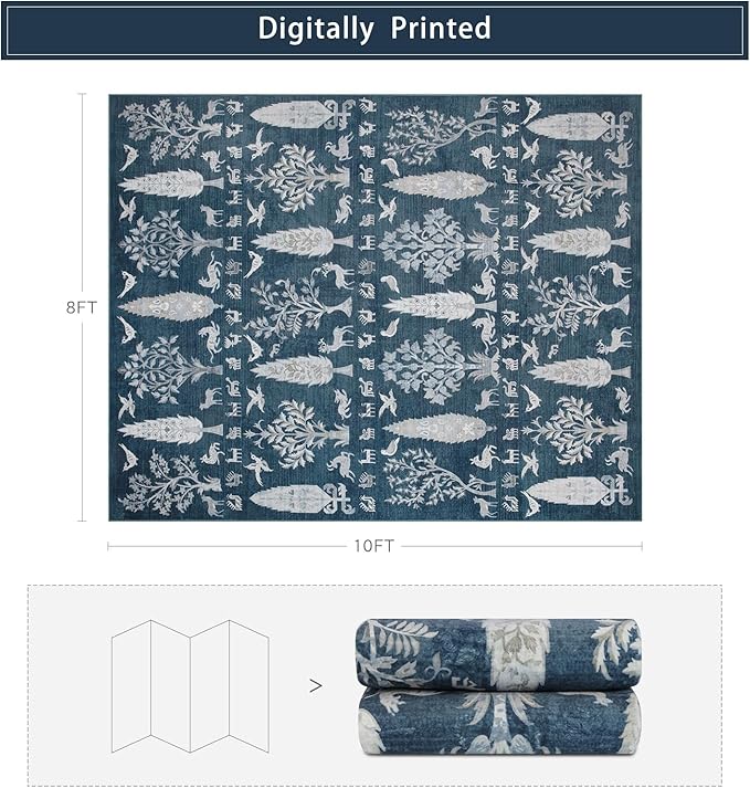 Srugn Washable Rugs 8x10 Area Rugs for Living Room,Bedroom,Dining Room- Large Ultra Soft Faux Wool Retro Carpet,Non Slip&Non-Shedding Low Pile Vintage Print Rug for Home Office Dorm Playroom-Blue