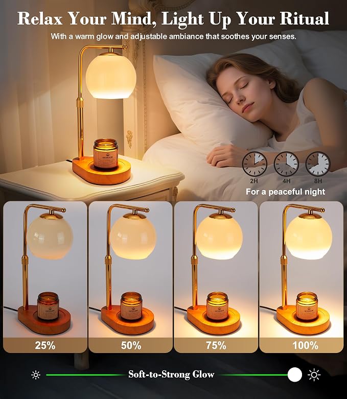 Ivory Glass Candle Warmer Lamp Adjustable Height with Timer 2 4 8H | Warm Gold Hardware | Dark Walnut Base | Dimmer Wax Melt Warmer Includes Candle and Bulbs