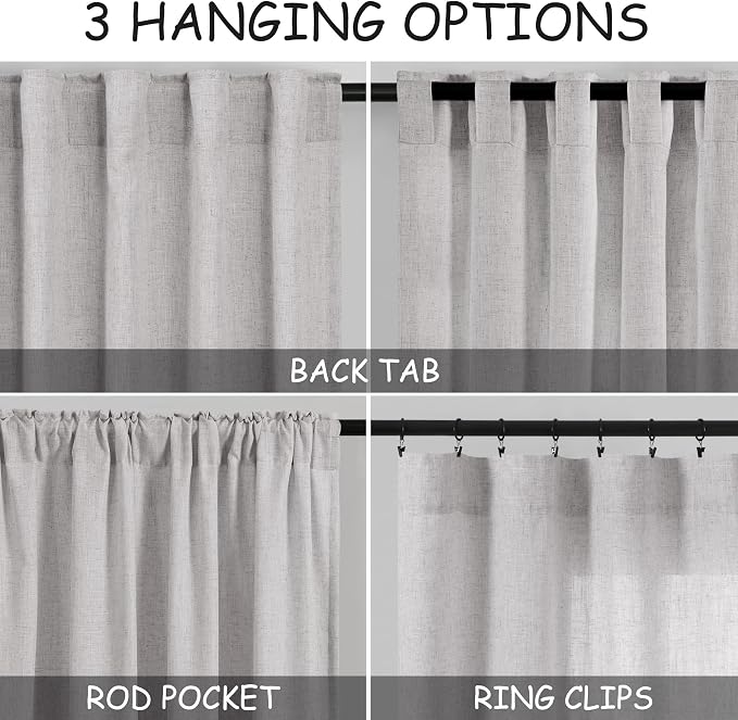 Grey Linen Back Tab Curtains 96 Inches Long 2 Panels Set for Living Room Sliding Glass Door Grey Semi Sheer Curtains Light Filtering Canvas Cloth Linen Drapes 96 Inch Floor to Ceiling Length