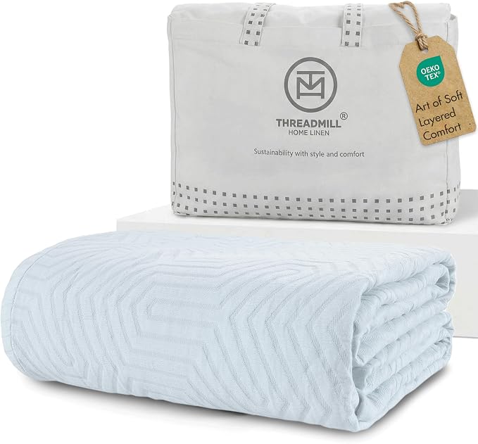 Threadmill Luxury Cotton Blankets for King Size Bed | All-Season Cozy 100% Cotton King Size Blanket | Aster Jacquard Soft & Lightweight Coverlet | Light Blue