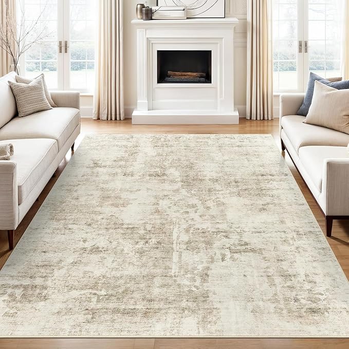 Soalmost 9x12 Area Rug for Living Room, Abstract Non Slip Machine Washable Vintage Carpets, Low Pile Lightweight Large Rug for Bedroom, Dining Room, Home Office Beige Gray