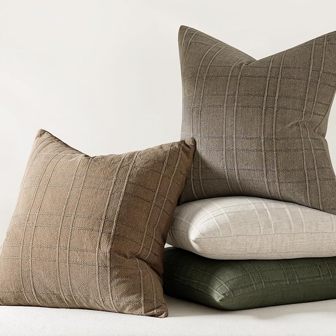 MIULEE Decorative Linen Check Euro Shams Throw Pillow Covers Neutral Farmhouse Vintage Pillow Covers 26x26 Set of 2 Boho Modern Winter Home Decor for Sofa Couch Bedroom Cushion Light Brown