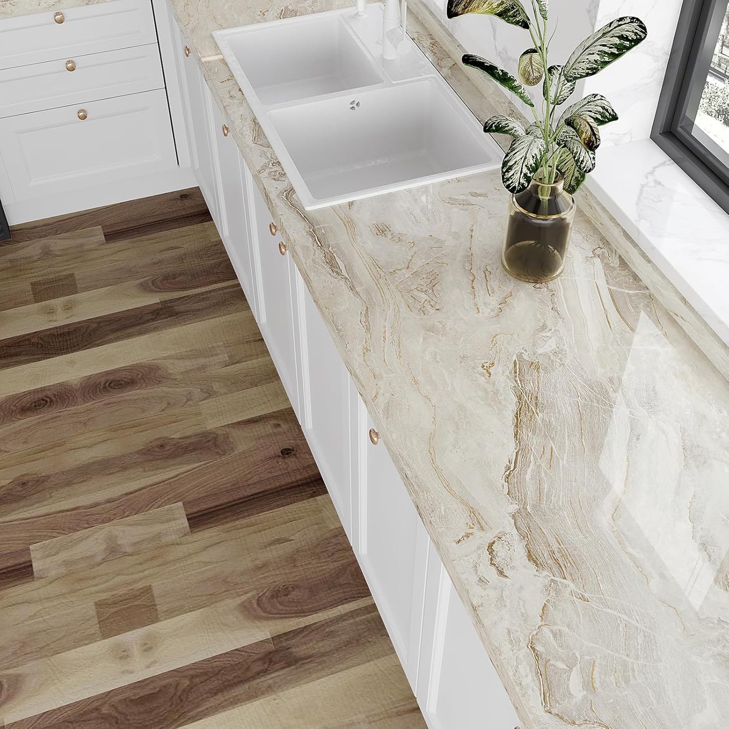 VEELIKE Glossy Beige Gold Marble Contact Paper for Countertops 24''x118'' Wide Peel and Stick Countertops Waterproof Thick Marble Wallpaper Self Adhesive Vinyl Counter Top Wraps for Kitchen Bathroom