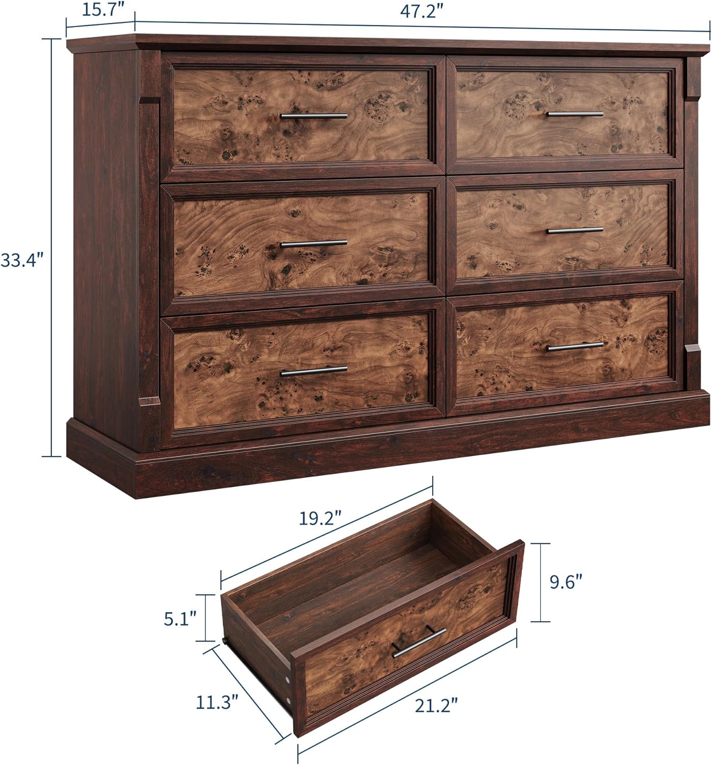 GAOMON Brown 6 Drawer Dresser for Bedroom, Farmhouse 47.2" Wide Chest of Drawers with Metal Handles, Rustic Double Wood Dresser, Storage Dressers Organizer for Living Room, Nursery