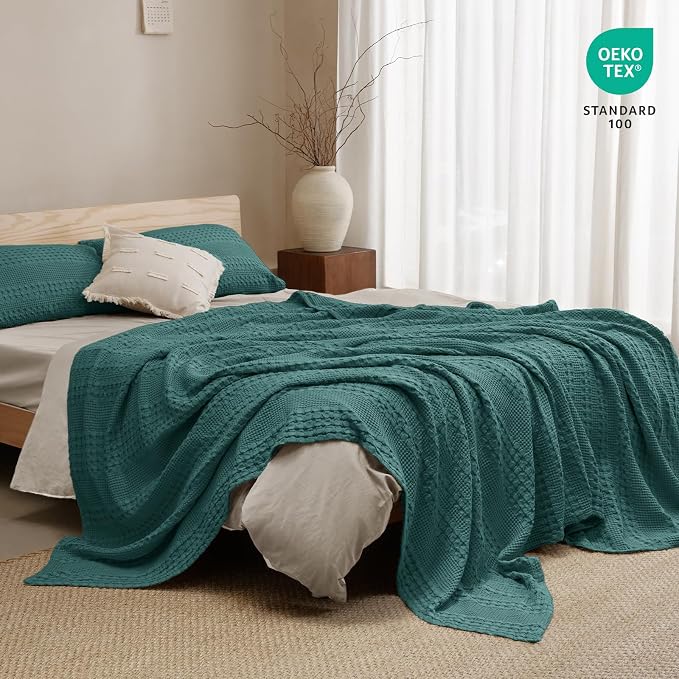 PHF 100% Cotton Waffle Blanket King Size for Bed, Lightweight Breathable and Soft for Summer, Luxury Aesthetic Waffle Weave Blanket for Home Decor & Gifts for Women, 108"x90", Teal