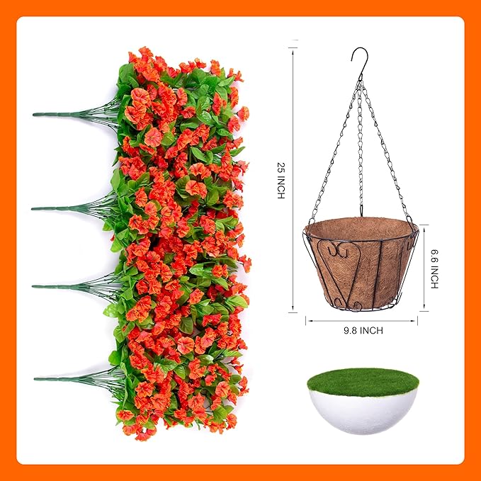 Ammyoo Artificial Faux Hanging Flowers Basket for Fall Outdoor Porch Decor, Fake Silk Colorful Morning Glory Eucalyptus in Planter UV Resistant Look Real for Home Balcony Yard(Orange)
