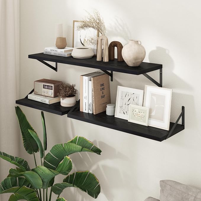Axeman Deep Floating Shelves - 30 Inch Black Floating Shelves Set of 2-12 Inch Deep Wood Wall Shelves for Living Room Bathroom Kitchen