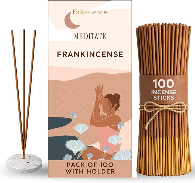 Folkulture Incense Sticks with Holder (100 Sticks)| Frankincense Incents Stick for Meditation, Relaxation, Gifts | No Charcoal,Organic,Non Toxic, 45 Mins, Slow Burning Insence-Sticks - Yoga Inspired