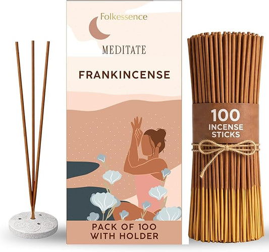 Folkulture Incense Sticks with Holder (100 Sticks)| Frankincense Incents Stick for Meditation, Relaxation, Gifts | No Charcoal,Organic,Non Toxic, 45 Mins, Slow Burning Insence-Sticks - Yoga Inspired