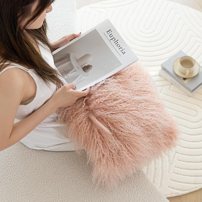 MOOX Mongolian Lamb Fur Pillow Covers Lumbar Throw Sheepskin Pillow Case Genuine Wool Fur Tibetan Accent Living Room Bedroom Decorative Cushion Cover (18 * 18inch Pink)