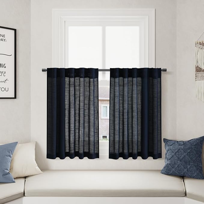 Navy Blue Kitchen Tier Curtains 24 Inch Length Linen Blend Privacy French Country Light Filtering Short Curtain with Rod Pocket Back Tab for Over Sink Window Boy Bathroom Laundry 2 Panels 30Wx24L