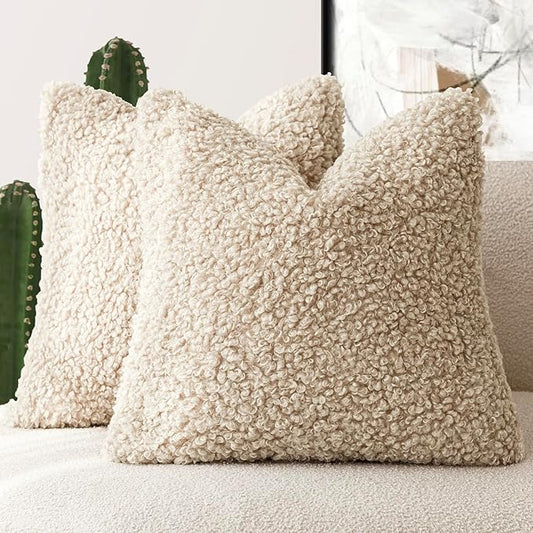 Foindtower 2 Pieces 16x16 Inch Light Khaki, Faux Fur Throw Pillow Cover Accent Sherpa Pillow Fuzzy Soft Pillowcases Sheepskin Decorative Fleece Cushion Case for Bed Couch Living Room