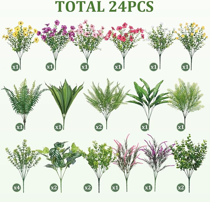 Alupssuc 24 Pcs Artificial Flowers and Plants,UV Resistant & No Fade Fake Plastic Greenery Shrubs for Home Garden, Pathway, Front Porch-Spring Summer Decor, Indoor/Outdoor Use,Rosy Purple Yellow Pink