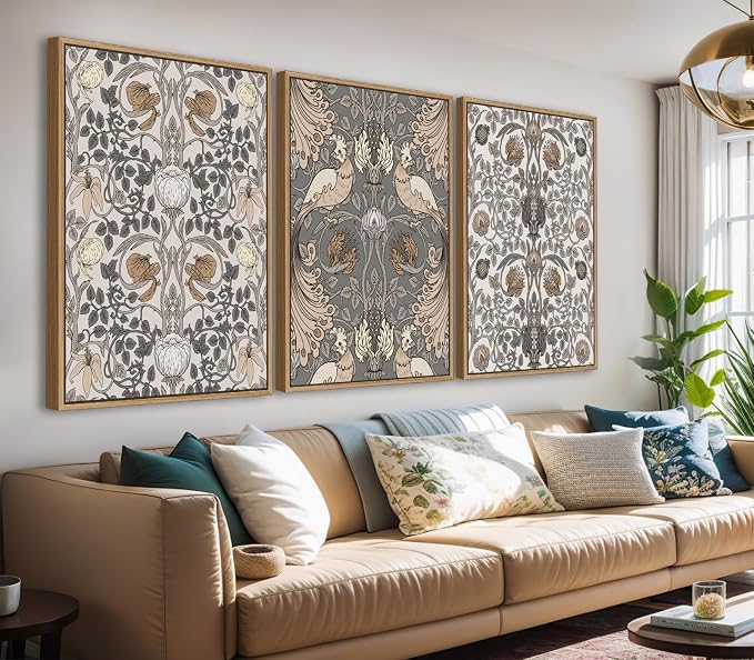 Large Retro Framed Wall Art - Natural Float Framed Vintage Flowers Canvas William Morris Painting Pictures Rustic Floral Pattern Prints Artwork for Living Room Bedroom Office Decor 96" X 48" Set of 3