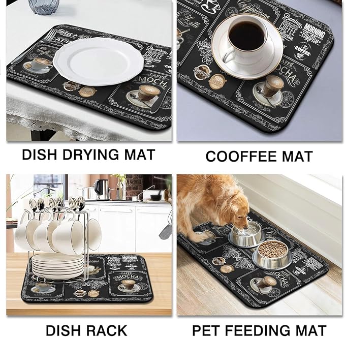 Coffee Bar Mat Accessories for Countertop Super Absorbent Anti-Slip Silicone Flower Dish Drying Mats for Kitchen Counter Draining Pad Decor Gift Fit Coffee Maker Coffee Pot Espresso Machine 24inx18in
