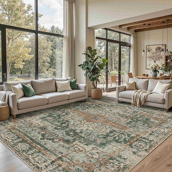 Rugxara 8x10 Area Rugs for Living Room Bedroom, Large Washable Rug, Green Vintage Retro Boho Rug, Non Slip & Low Pile Faux Wool Thin Carpet for Indoor Dining Room and Kids Room(Green/Brown 8x10ft)