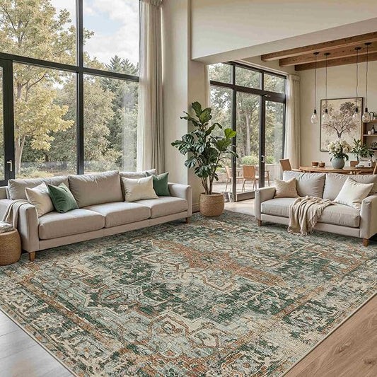 Rugxara 8x10 Area Rugs for Living Room Bedroom, Large Washable Rug, Green Vintage Retro Boho Rug, Non Slip & Low Pile Faux Wool Thin Carpet for Indoor Dining Room and Kids Room(Green/Brown 8x10ft)