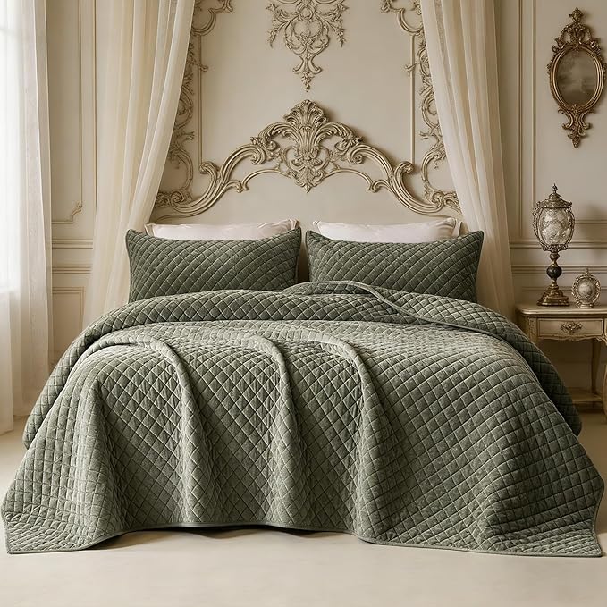 Velvet Oversized King Quilt Size Set 120x120 Luxury Ultra Soft Bedspread Coverlet 3-Piece King Comforter Sets with 2 Pillow Shams 20x36 Cozy All Seasons Velvet Bedding Set, Army Green