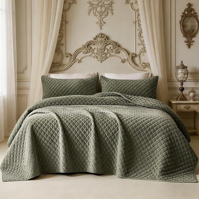 Velvet Quilt Set Oversized King Size 120x128 Luxury Soft Bedspread Coverlet 3-Piece King Comforter Sets with 2 Pillow Shams 20x36 Super Cozy All Seasons Velvet Bedding Set, Army Green