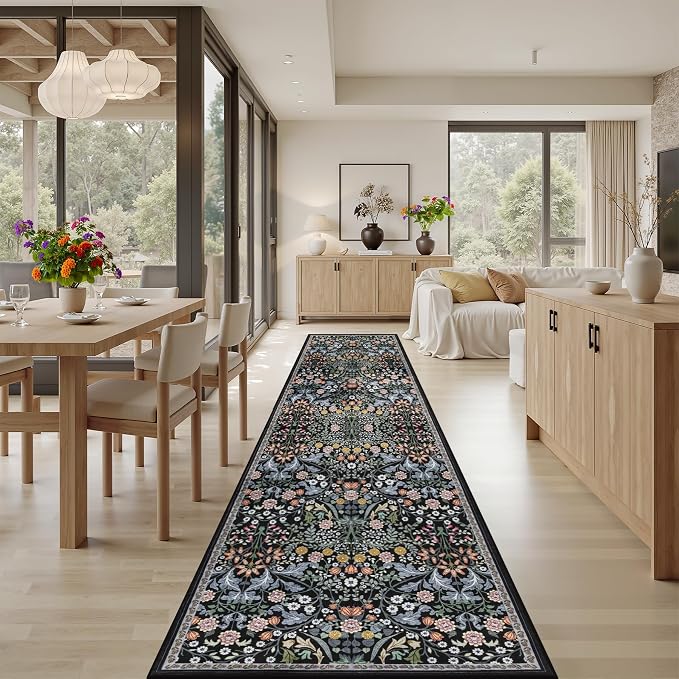 Runner Rug for Entryway: 2.6x14 Kitchen Rugs Non Slip Washable Ultra-Thin Soft Floral Carpet Indoor Floor Stain Resistant Carpets for Hallway Bedroom Kitchen Laundry Bathroom Dorm Dark Black