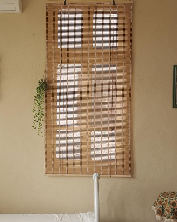 51" Wx72 H Bamboo Blinds Roller Shades for Indoor Windows, Blackout Bamboo Curtain Roll Up wiht Cord, Privacy Roman Shade for Interior/Exterior Windows, Mounting Hardware Included