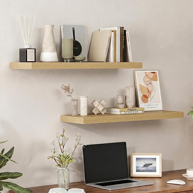 Heimlove 32 Inch Floating Shelves for Wall,Oak 9.3" Deep Floating Shelf Set of 2,Wall Mounted Shelves for Bathroom Bedroom Living Room Kitchen Office,Shelf for Books Storage Room,Home Decor