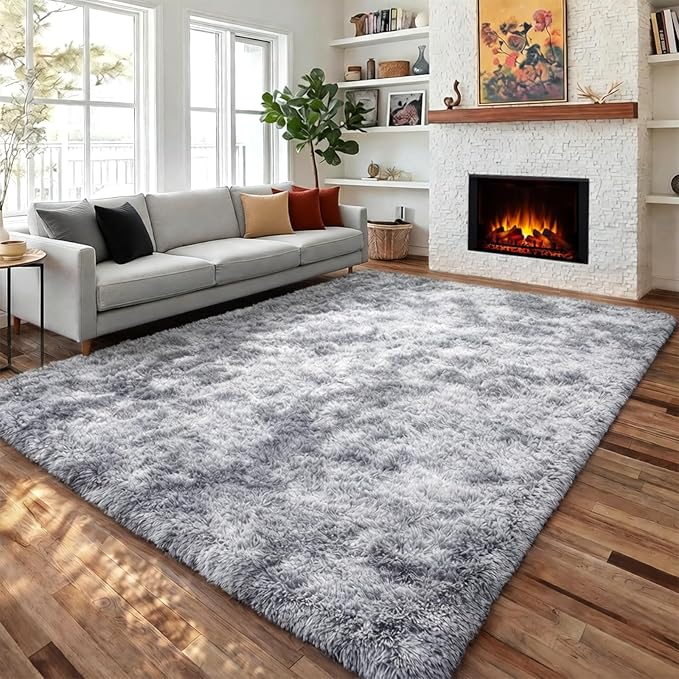 PAGISOFE Abstract Shaggy Machine Washable Area Rug 4' x 6' Plush Soft Fluffy Fuzzy Furry Carpet for Living Room, Home Decor Aesthetic Tie-Dyed Light Grey Bedside Rugs, Nursery Grils Boys Kids Room