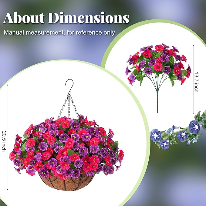 Ammyoo Artificial Fake Hanging Flowers with Basket, Faux Silk Morning Glory Flower Arrangement for Spring Summer Decor, Hanging Plant for Patio Garden Porch Outdoor Decor