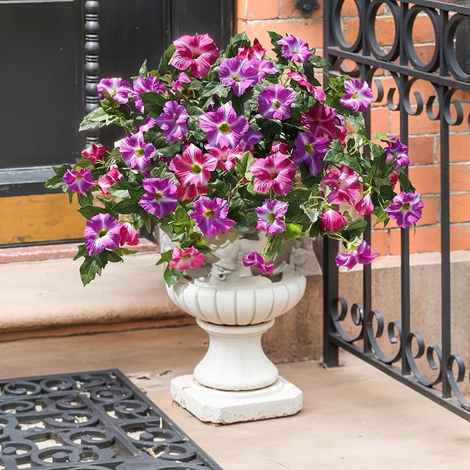 HyeFlora Artificial Flowers for Outdoors 2PCS Faux Petunias Silk Fake Flowers for Outside Planter UV Resistant Realistic Home Garden Porch Decor (Fuchsia)