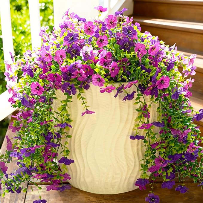 Fanfantoey 4Pcs Artificial Flowers for Outdoors, Realistic Fake Hanging Flowers Plants, UV Resistant Fake Flowers, Faux Silk Daisy Flower Vines for Planter Outside Decor(Double Purple)