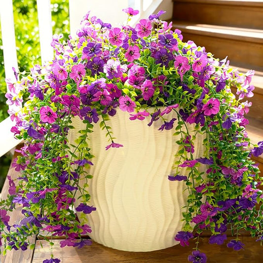 Fanfantoey 4Pcs Artificial Flowers for Outdoors, Realistic Fake Hanging Flowers Plants, UV Resistant Fake Flowers, Faux Silk Daisy Flower Vines for Planter Outside Decor(Double Purple)