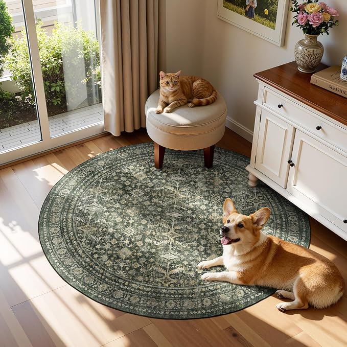 Lofus 4ft Area Rugs for Living Room, Green Washable Area Rug with Non-Slip Backing,Soft Boho Carpets for Bedroom Dining Room Home Office Indoor Nursery