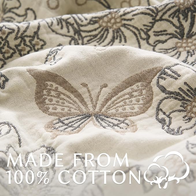 jinchan Boho Floral 100% Cotton Blanket 4-Layer Throw Blanket with Tassel Grey and White Flower Butterfly Soft Luxury Rustic Farmhouse Decor Blanket for Couch Bed 80x90 inch All Season Gift for Women
