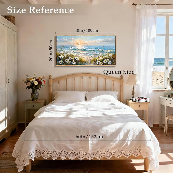 imjiayu Beach Wall Art, Large Wall Decor, Framed Wall Art, Blue Coastal Canvas Prints, Seaside Flowers Landscape Paintings, Sunset Pictures for Living Room Bedroom Kitchen Home Decorations 20"x40"